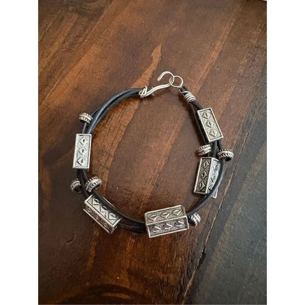 Leather and Silver Bracelet, NEW, Multi-strand, 7.5”, Handmade, Artisan
